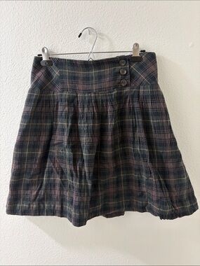 CAbi Plaid Circle Skirt in Dark Green and Brown